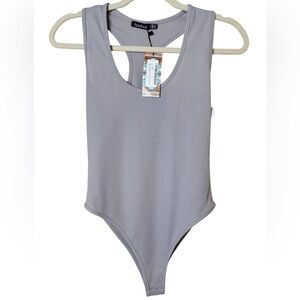 NWT Boohoo Grey Marl Basic Plunge Rib Sleeveless Bodysuit - Size 8